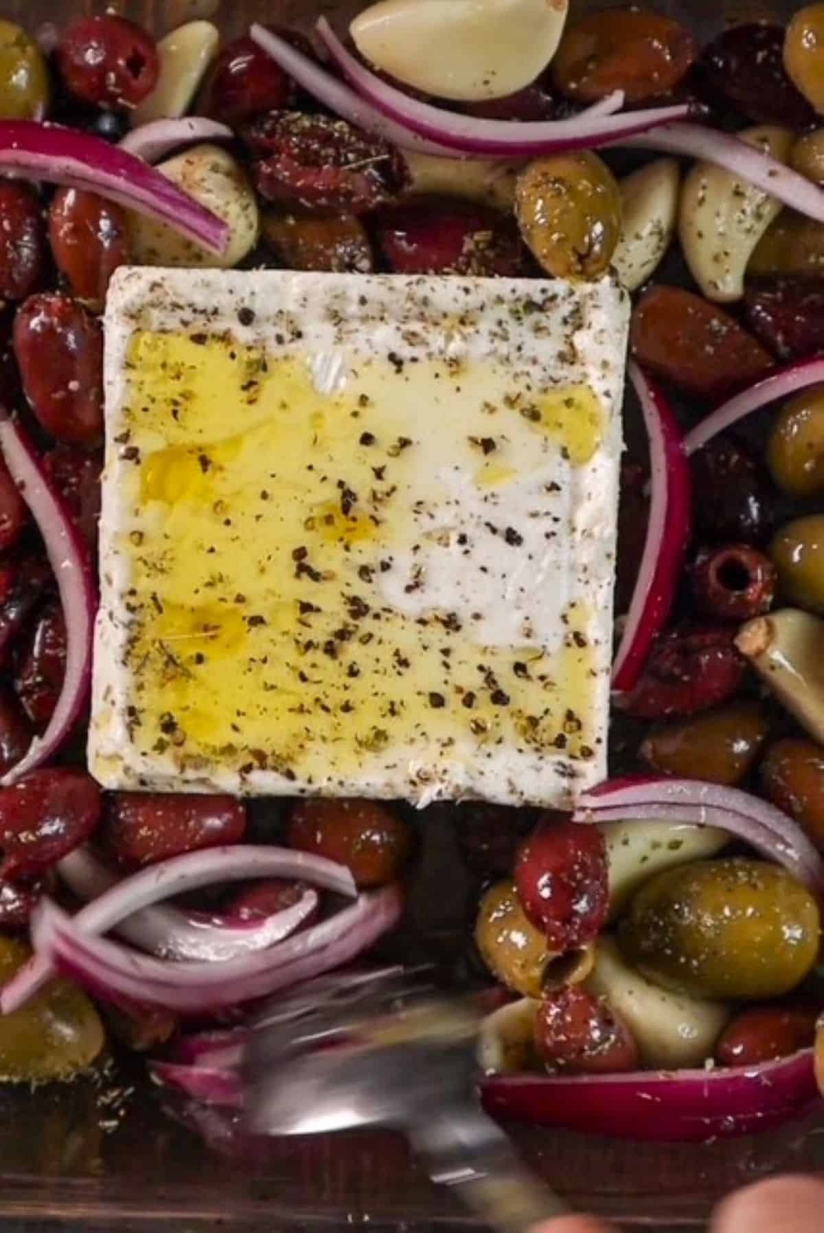 baked feta cheese with olives and garlic