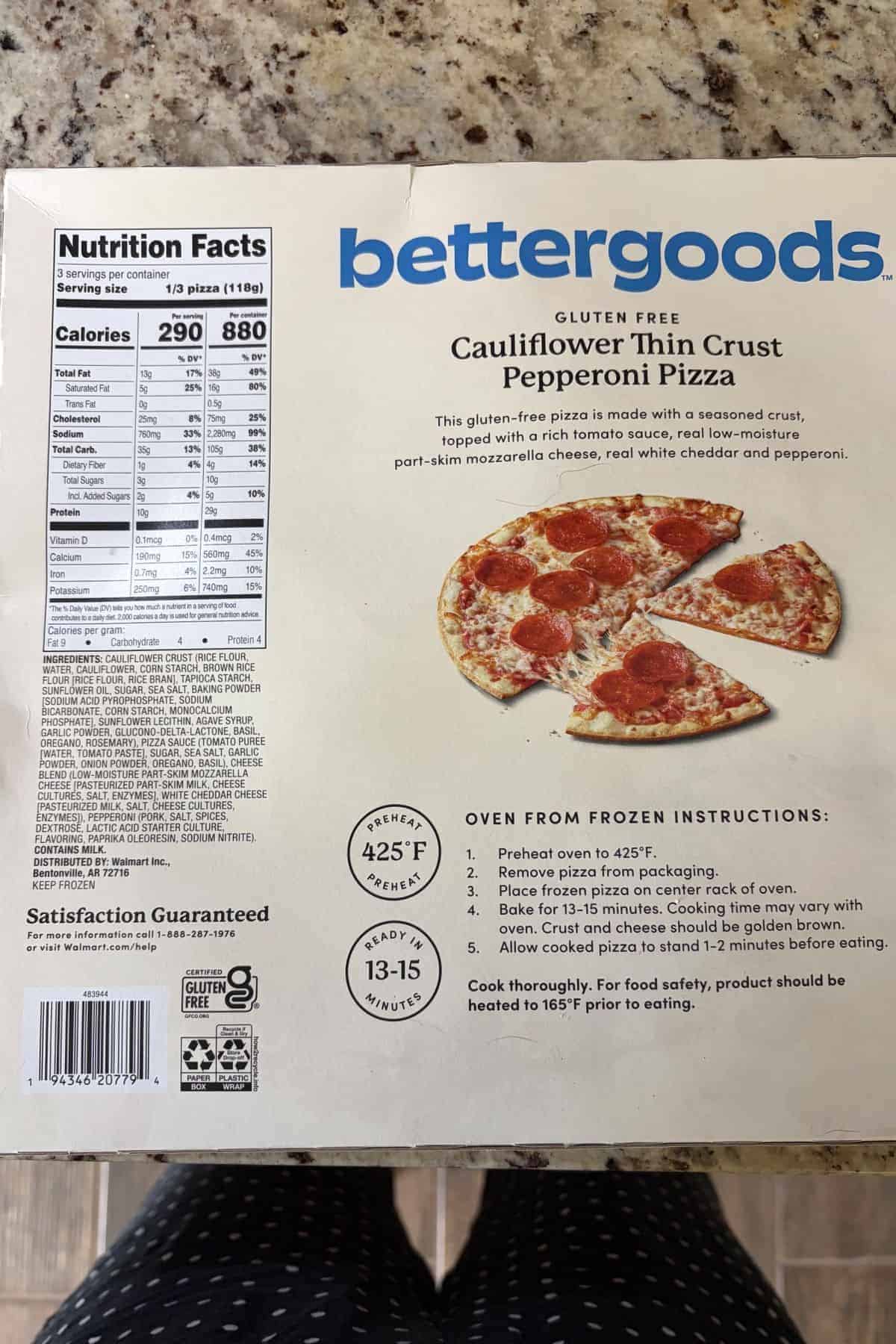 bettergoods gluten free cauliflower thin crust pepperoni pizza back