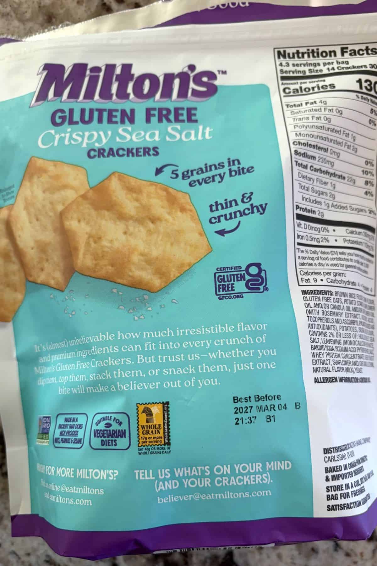 miltons gluten free sea salt crackers back of package
