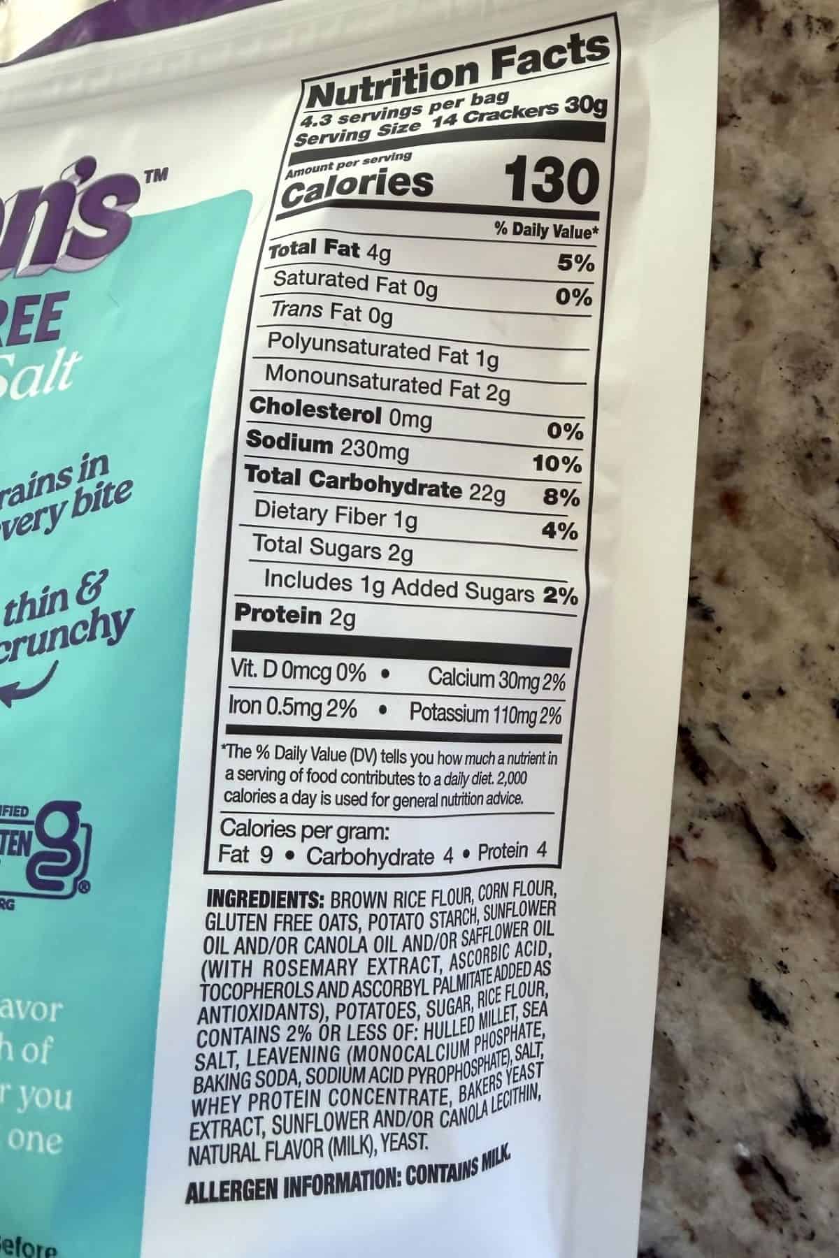 miltons gluten free sea salt crackers nutrition information and ingredients