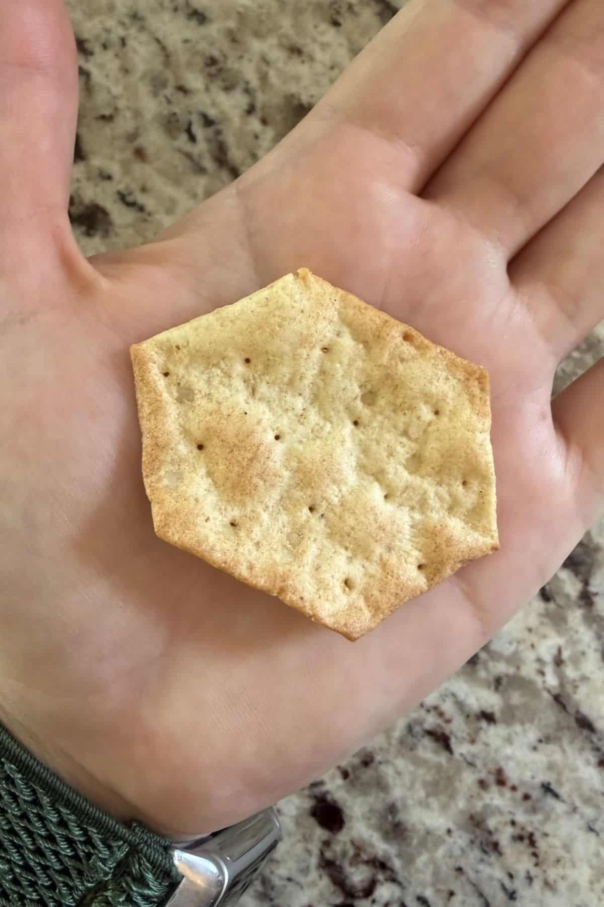 miltons gluten free sea salt crackers size compared to hand