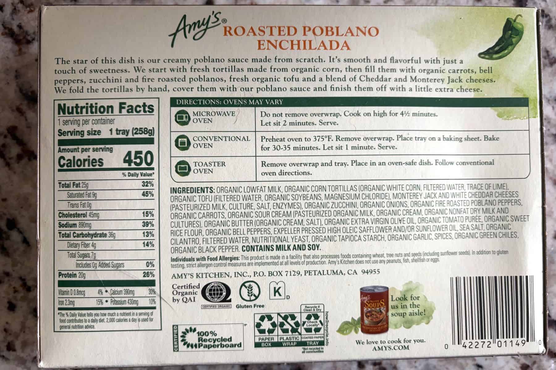 Amy's Frozen Meal Roasted Poblano Enchilada Gluten Free Microwave Meal cooking instructions