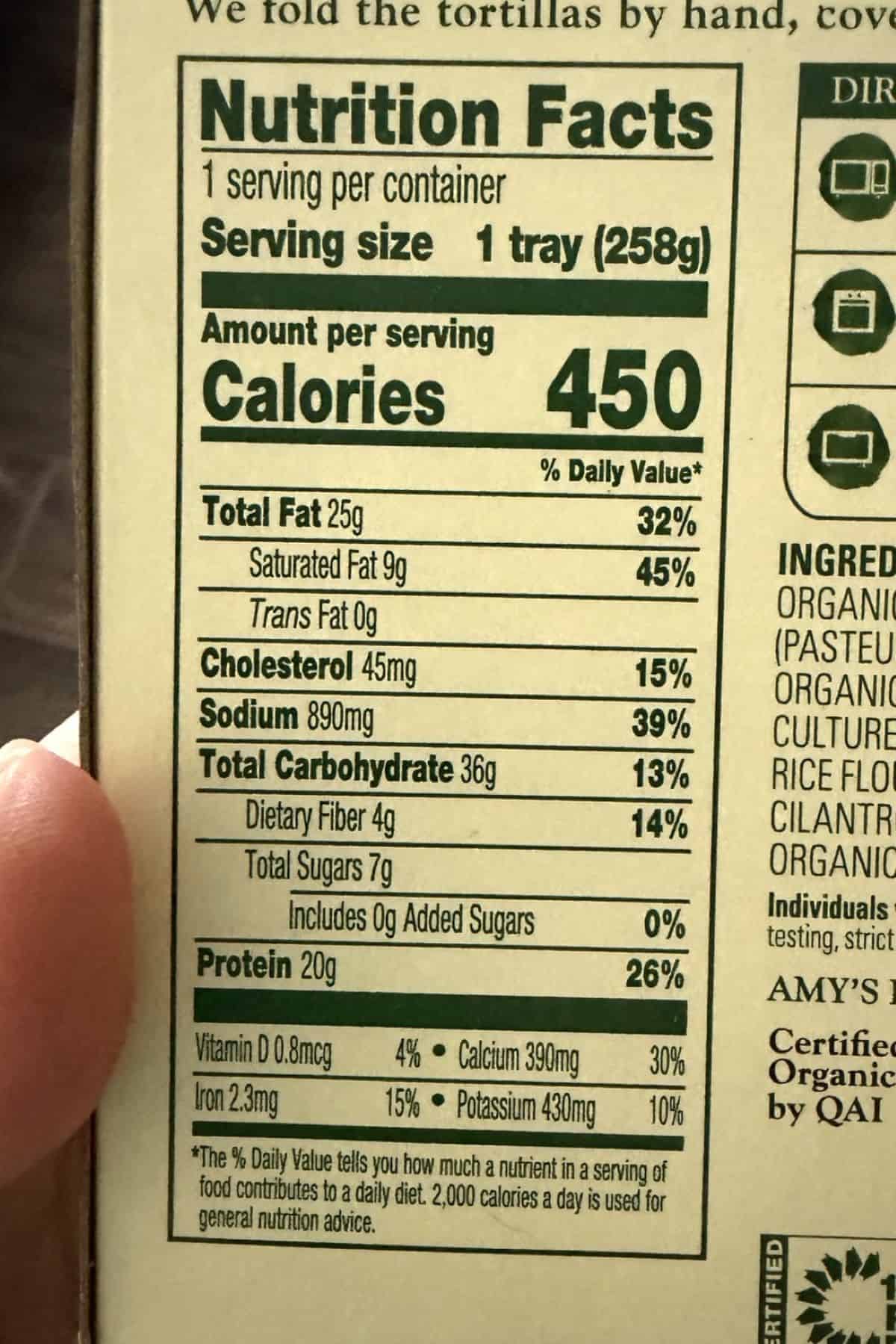 Amy's Frozen Meal Roasted Poblano Enchilada Gluten Free Microwave Meal nutrition information