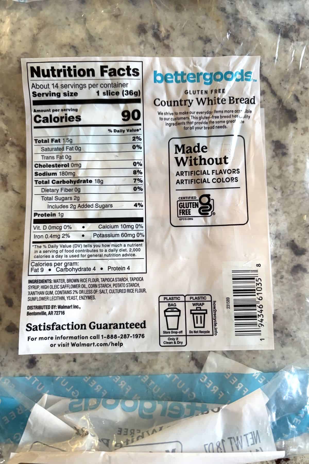 bettergoods Gluten Free Country White Bread back of package
