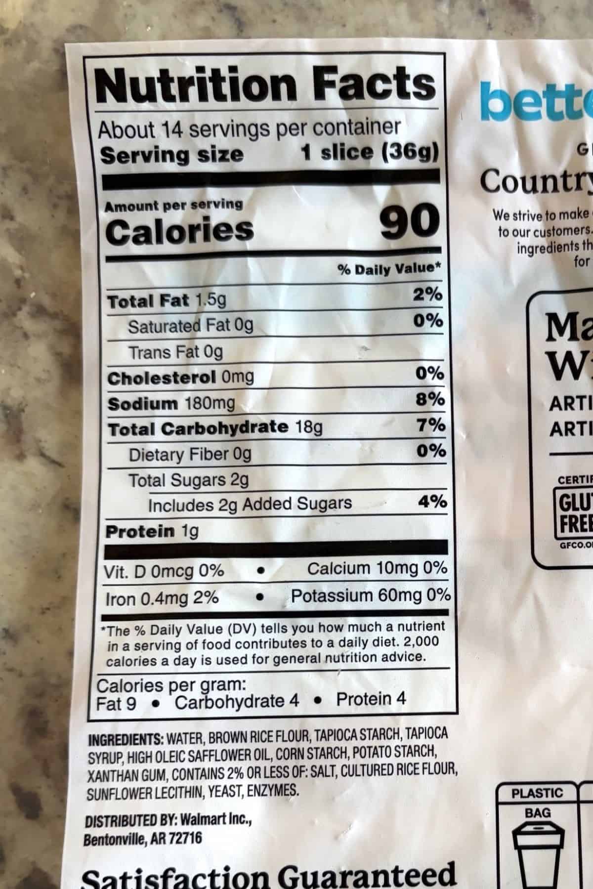 bettergoods Gluten Free Country White Bread nutrition information