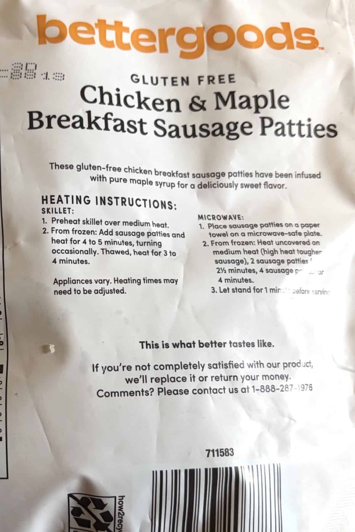 bettergoods Gluten Free Maple Chicken Sausage Patties cooking instructions