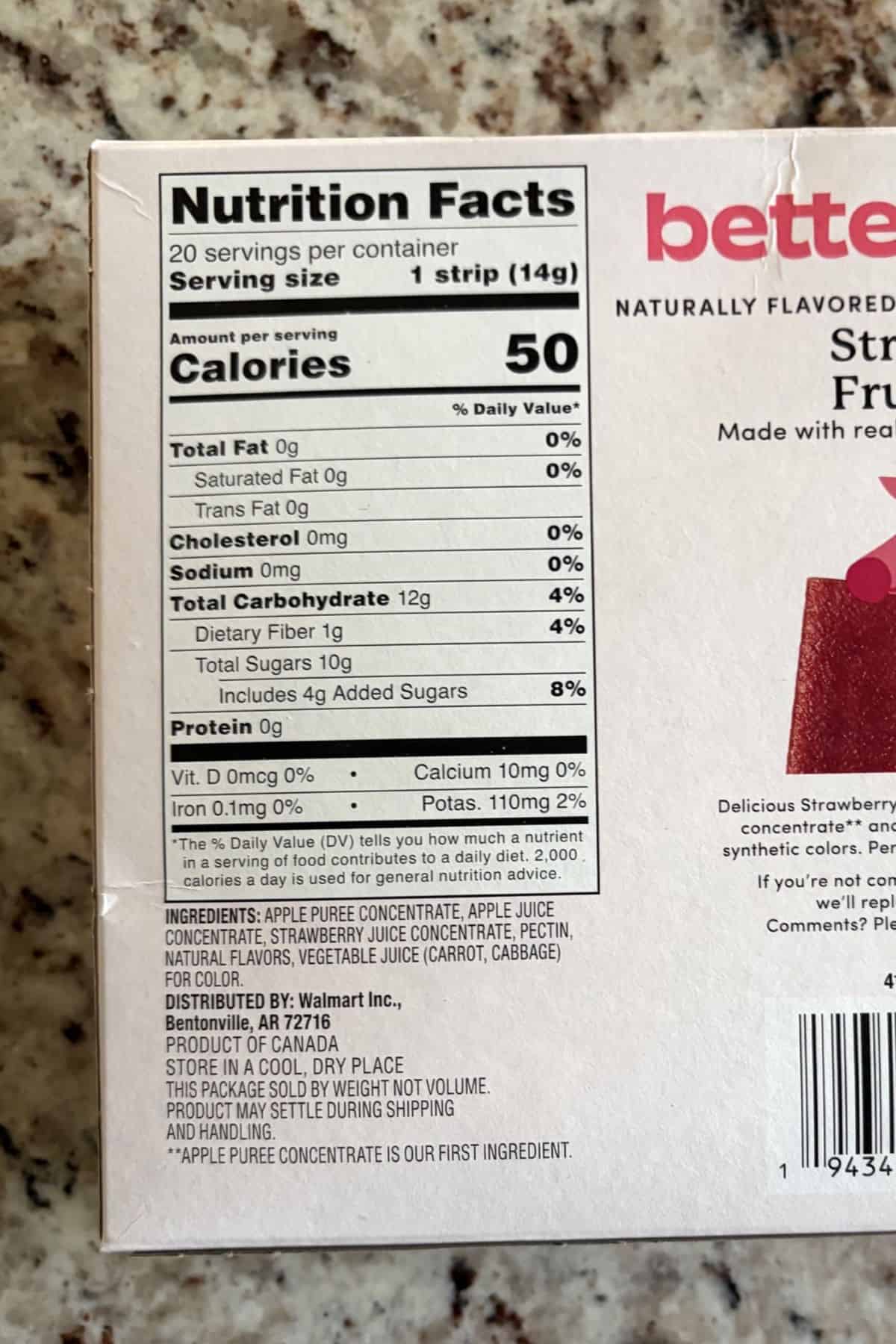 bettergoods Strawberry Fruit Strips nutrition info