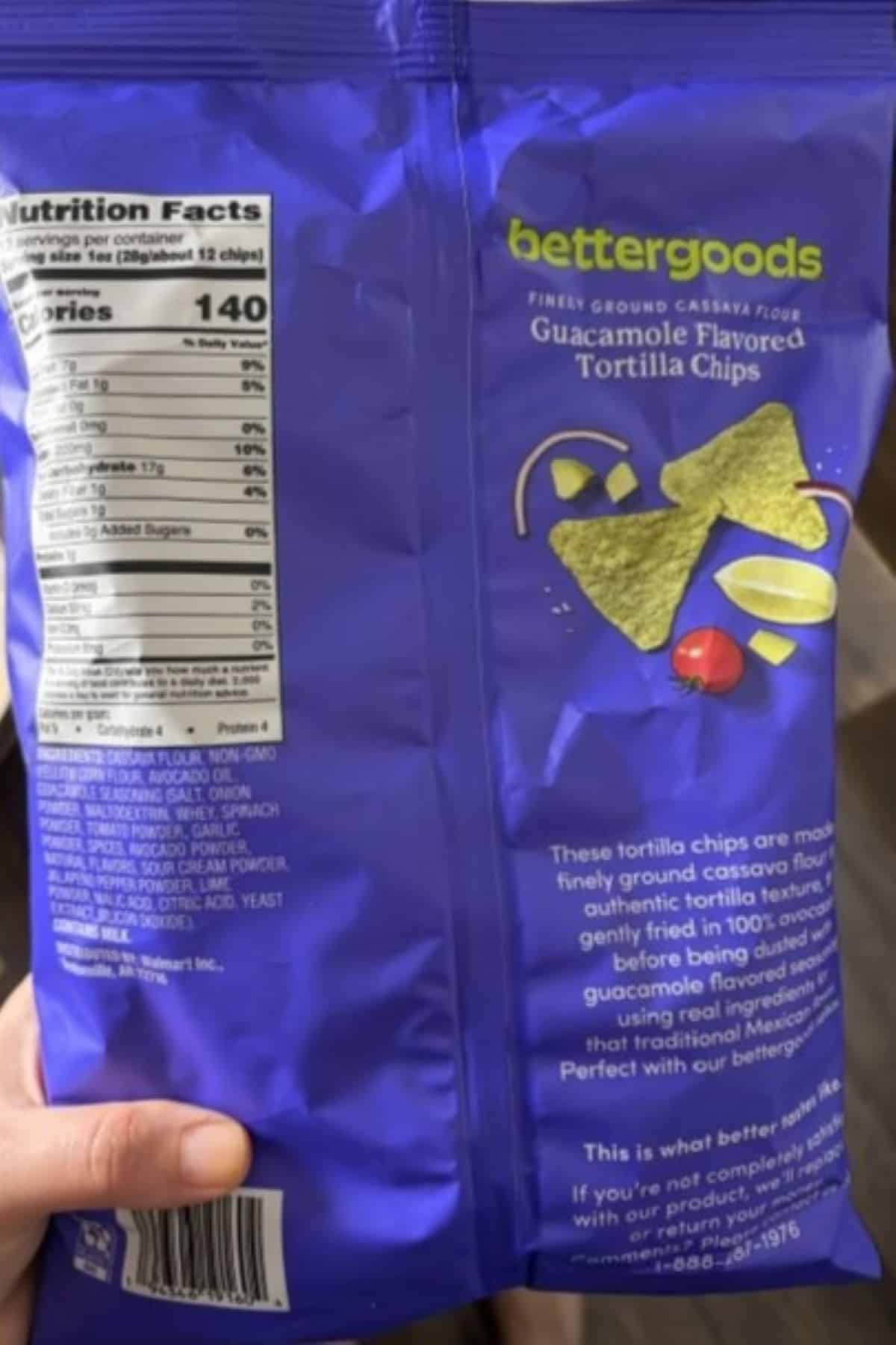 bettergoods guacamole flavored tortilla chips back of packaging